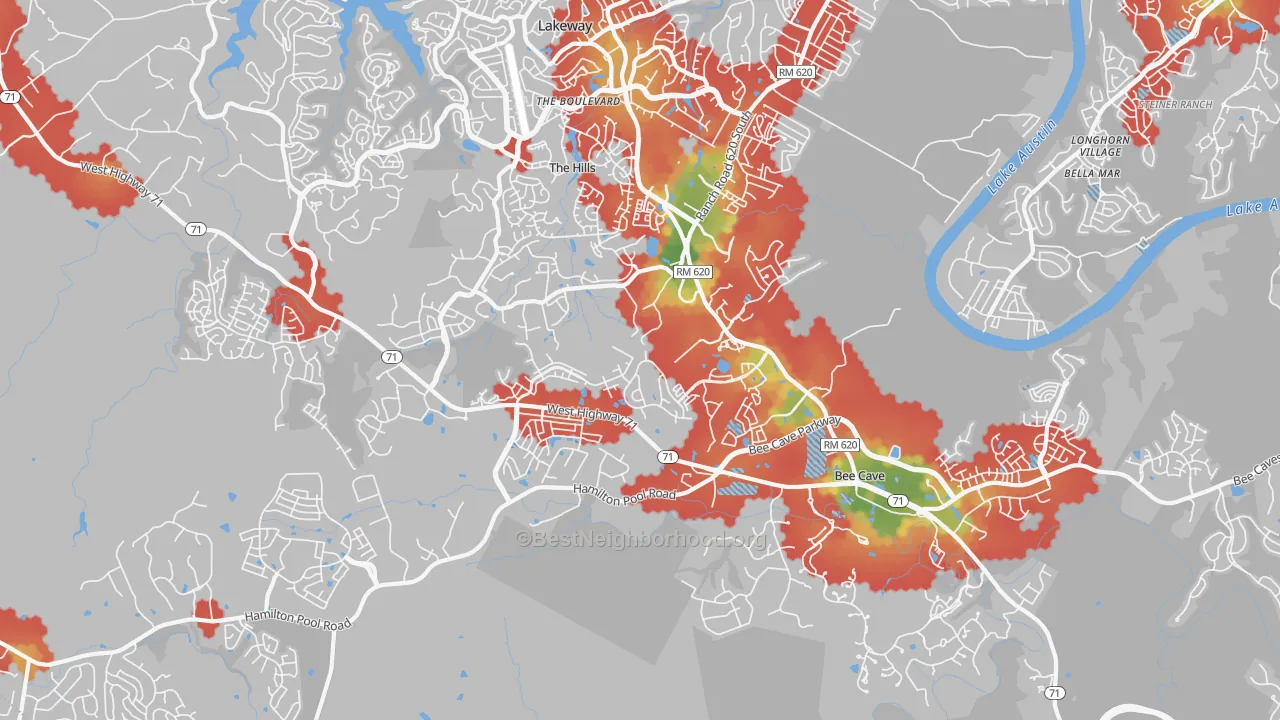 Walk Grade map of 78738, TX, walkable areas in green and car-dependent areas in red