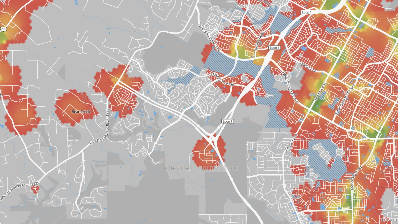 Walk Grade map of 78739, TX, walkable areas in green and car-dependent areas in red