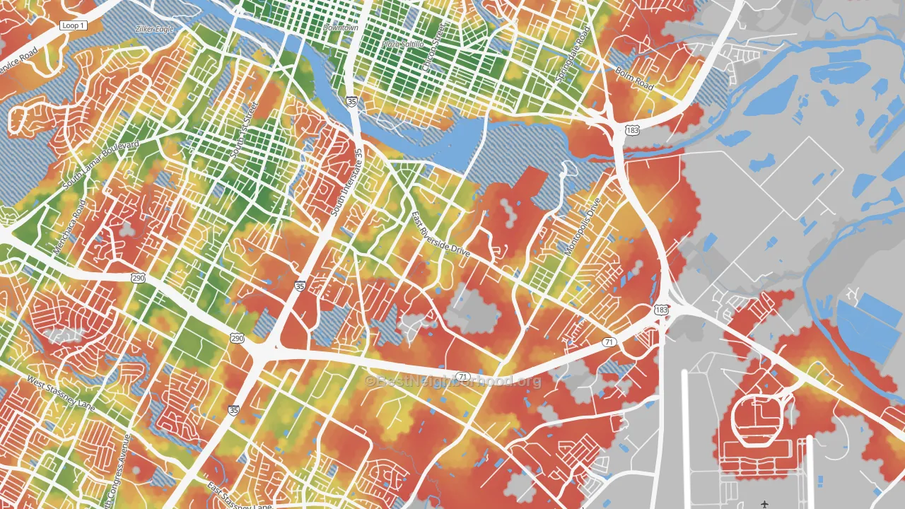 Walk Grade map of 78741, TX, walkable areas in green and car-dependent areas in red