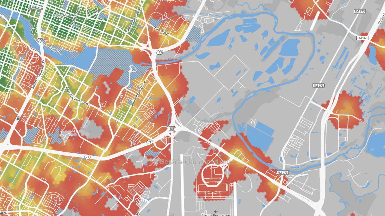 Walk Grade map of 78742, TX, walkable areas in green and car-dependent areas in red