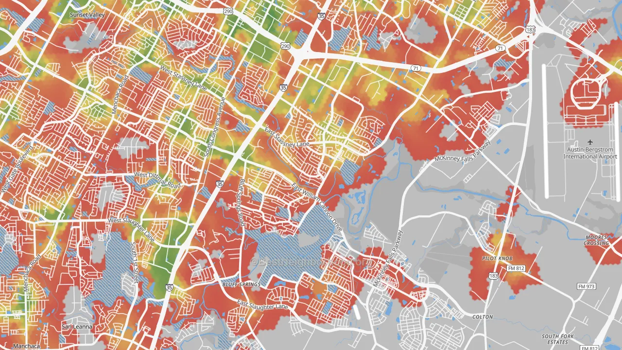 Walk Grade map of 78744, TX, walkable areas in green and car-dependent areas in red