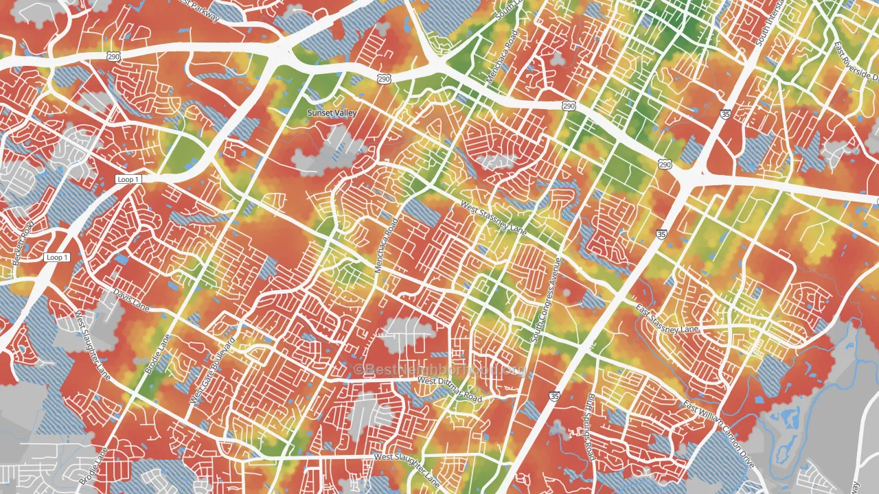 Walk Grade map of 78745, TX, walkable areas in green and car-dependent areas in red
