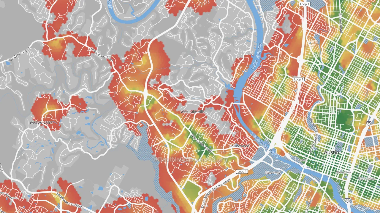Walk Grade map of 78746, TX, walkable areas in green and car-dependent areas in red