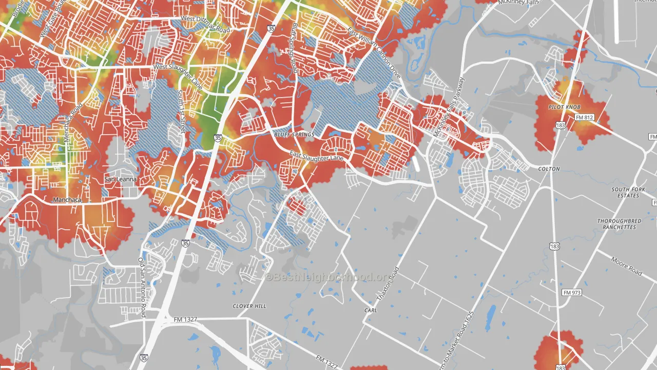 Walk Grade map of 78747, TX, walkable areas in green and car-dependent areas in red