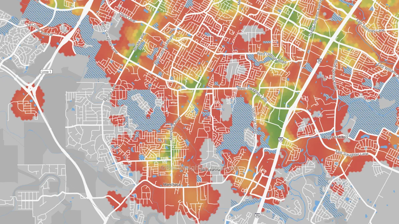 Walk Grade map of 78748, TX, walkable areas in green and car-dependent areas in red