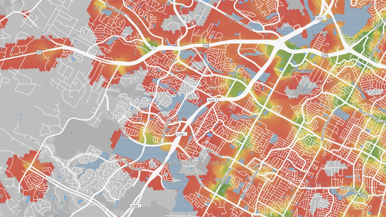 Walk Grade map of 78749, TX, walkable areas in green and car-dependent areas in red