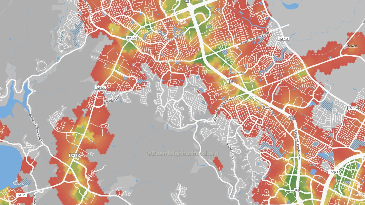 Walk Grade map of 78750, TX, walkable areas in green and car-dependent areas in red