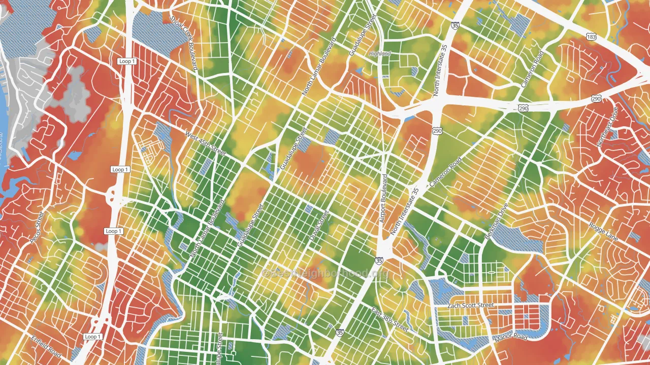 Walk Grade map of 78751, TX, walkable areas in green and car-dependent areas in red