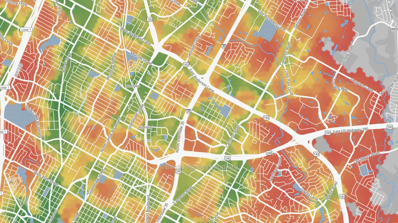 Walk Grade map of 78752, TX, walkable areas in green and car-dependent areas in red