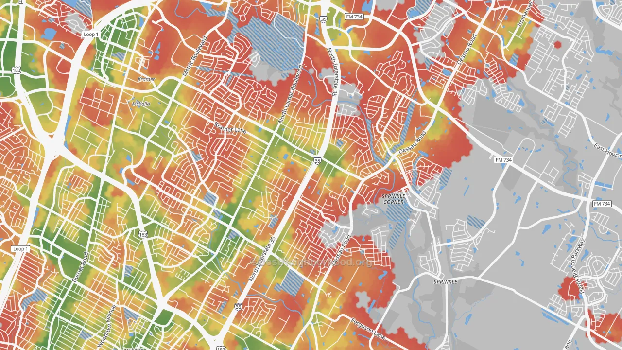 Walk Grade map of 78753, TX, walkable areas in green and car-dependent areas in red