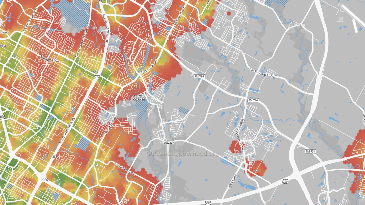 Walk Grade map of 78754, TX, walkable areas in green and car-dependent areas in red