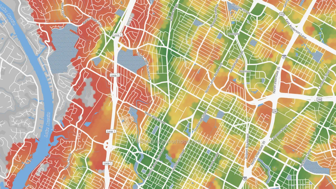 Walk Grade map of 78756, TX, walkable areas in green and car-dependent areas in red