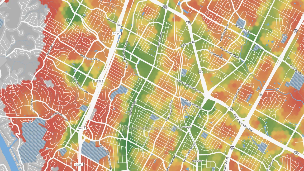 Walk Grade map of 78757, TX, walkable areas in green and car-dependent areas in red