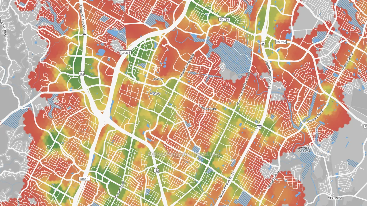 Walk Grade map of 78758, TX, walkable areas in green and car-dependent areas in red