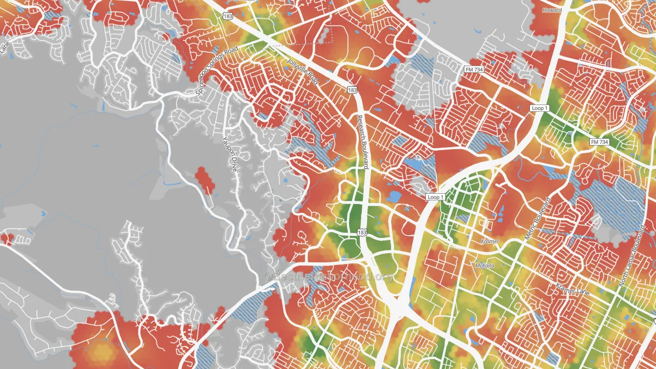 Walk Grade map of 78759, TX, walkable areas in green and car-dependent areas in red