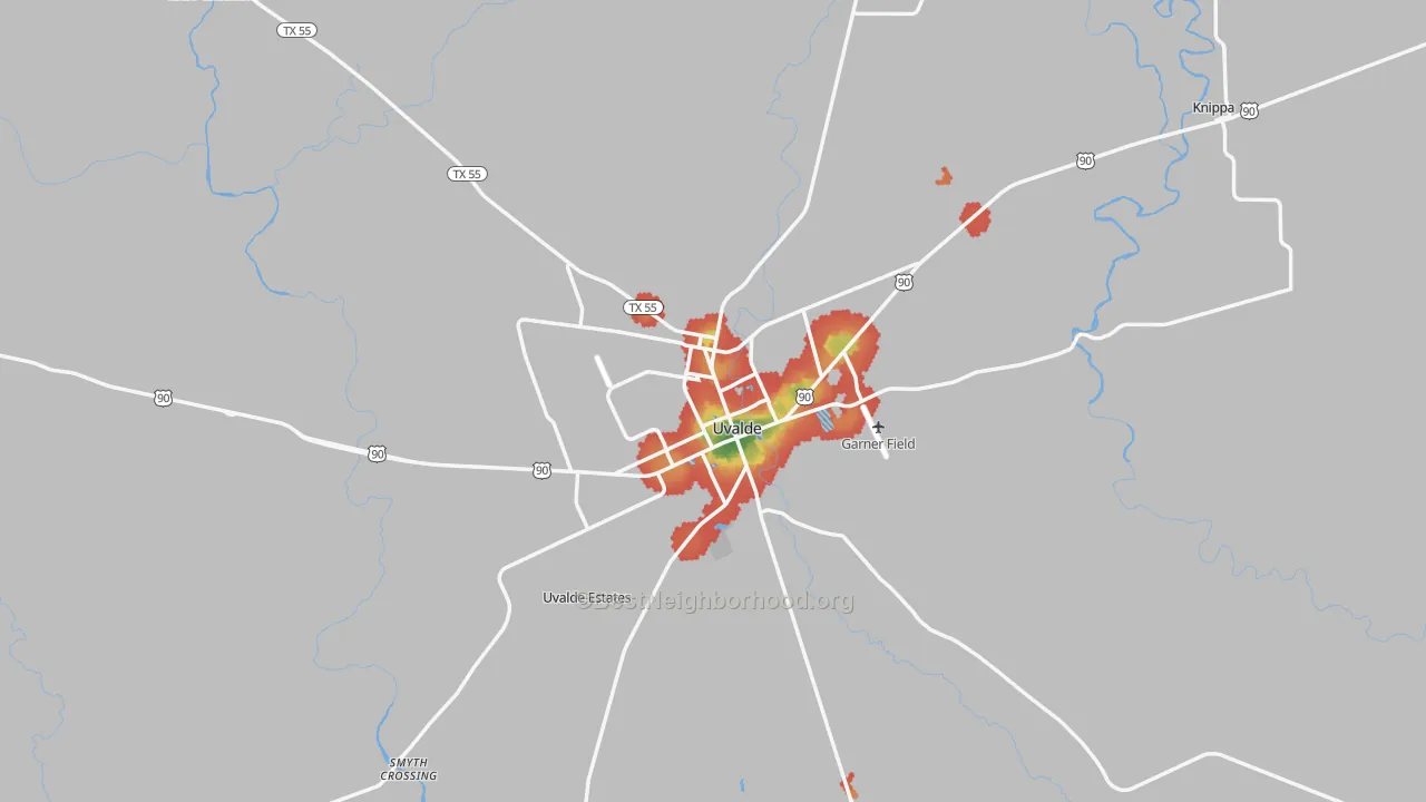 Walk Grade map of 78801, TX, walkable areas in green and car-dependent areas in red