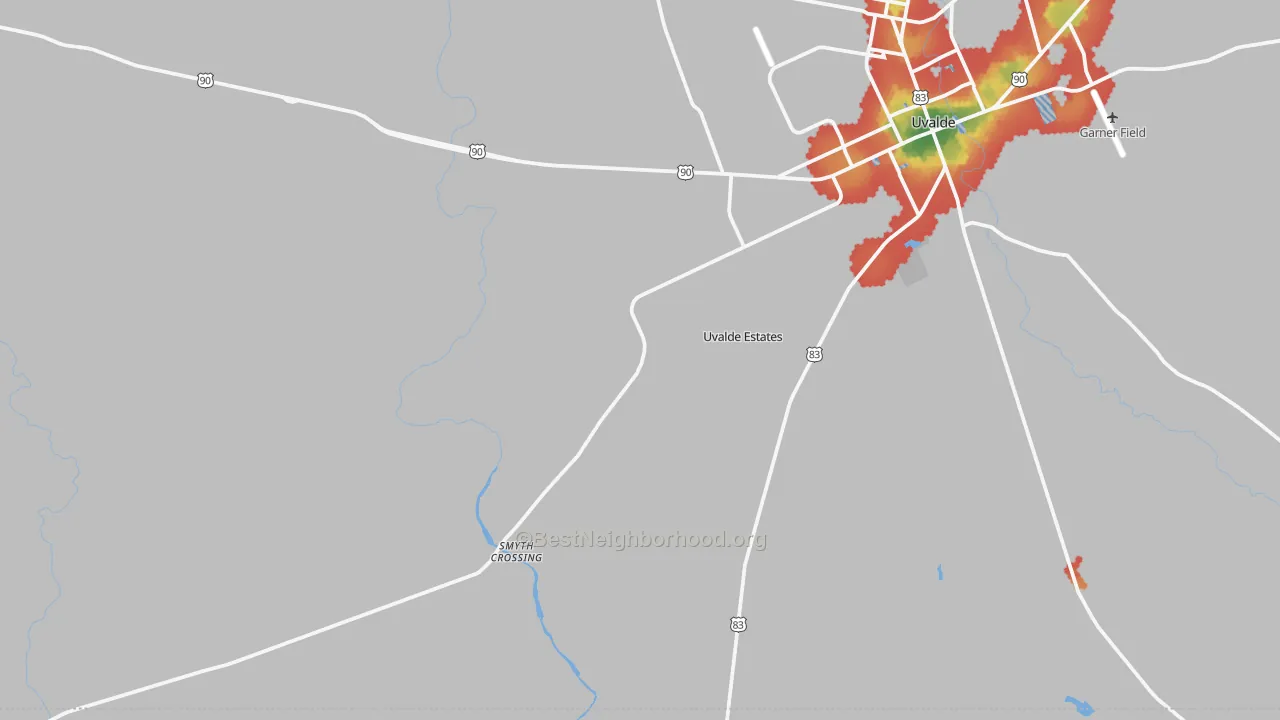 Walk Grade map of 78802, TX, walkable areas in green and car-dependent areas in red