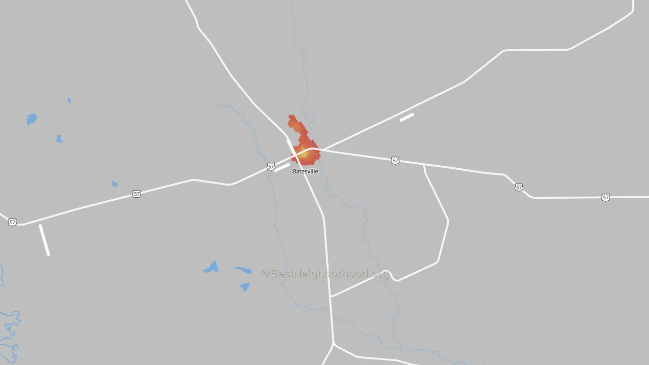 Walk Grade map of 78829, TX, walkable areas in green and car-dependent areas in red
