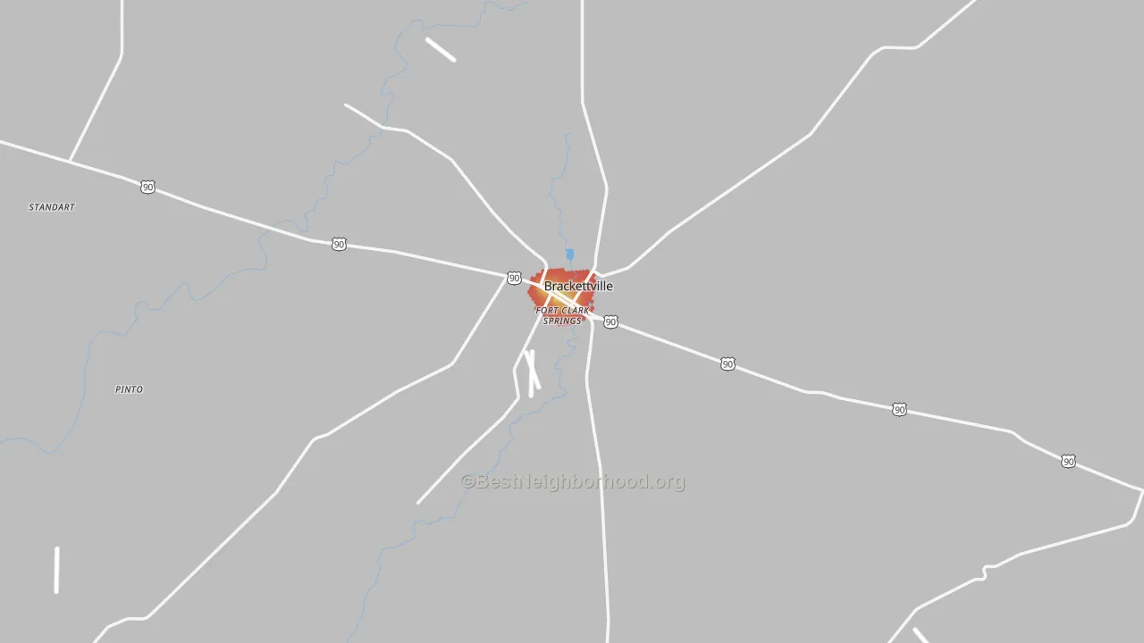 Walk Grade map of 78832, TX, walkable areas in green and car-dependent areas in red