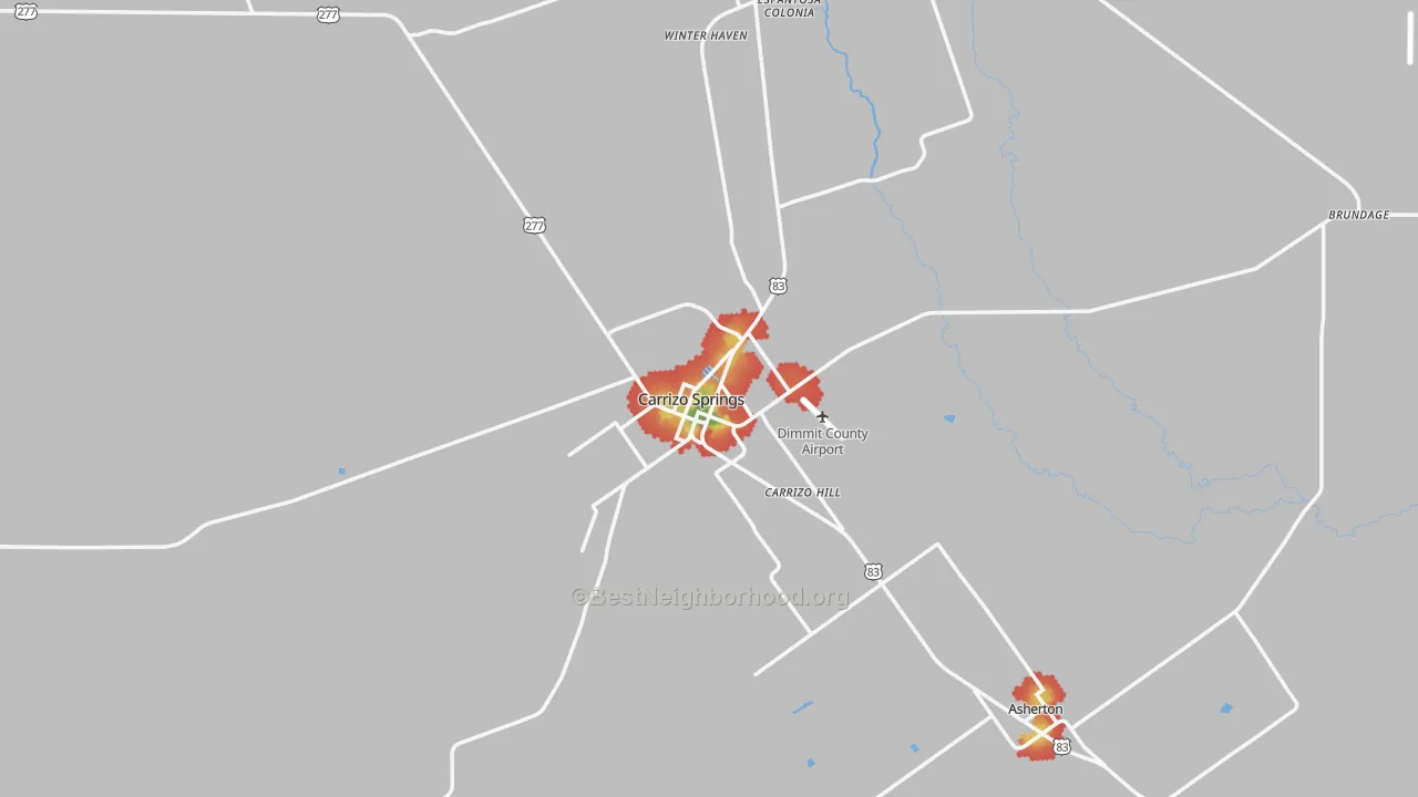 Walk Grade map of 78834, TX, walkable areas in green and car-dependent areas in red