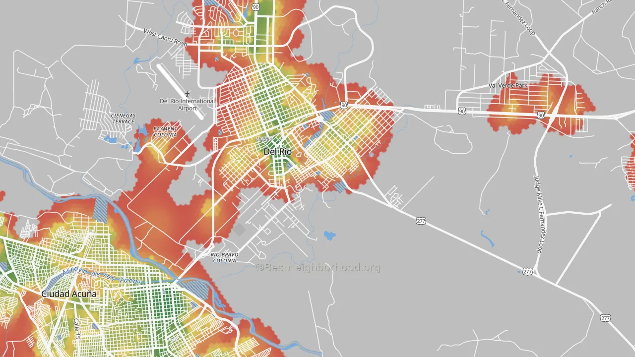 Walk Grade map of 78841, TX, walkable areas in green and car-dependent areas in red