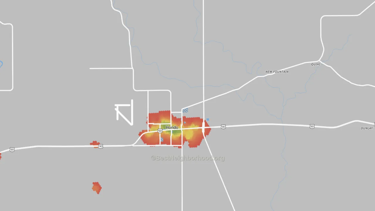 Walk Grade map of 78861, TX, walkable areas in green and car-dependent areas in red
