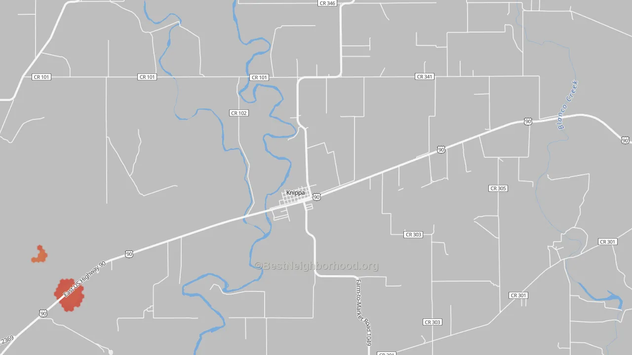 Walk Grade map of 78870, TX, walkable areas in green and car-dependent areas in red