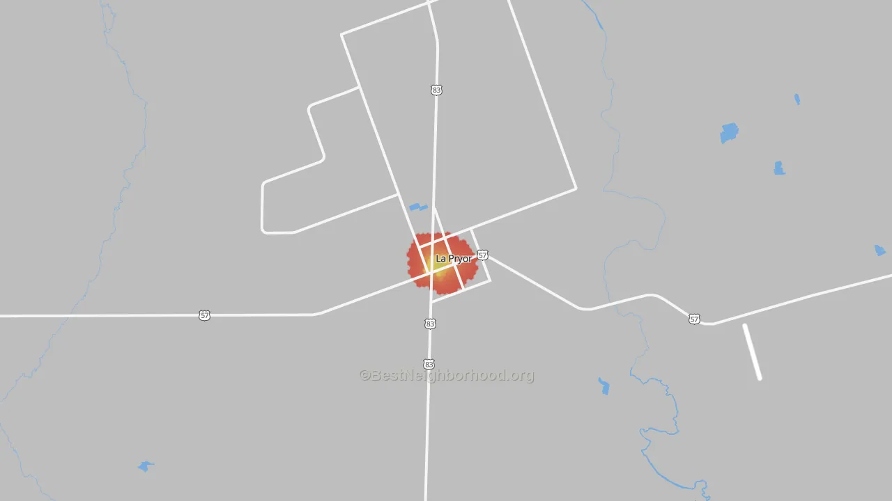 Walk Grade map of 78872, TX, walkable areas in green and car-dependent areas in red