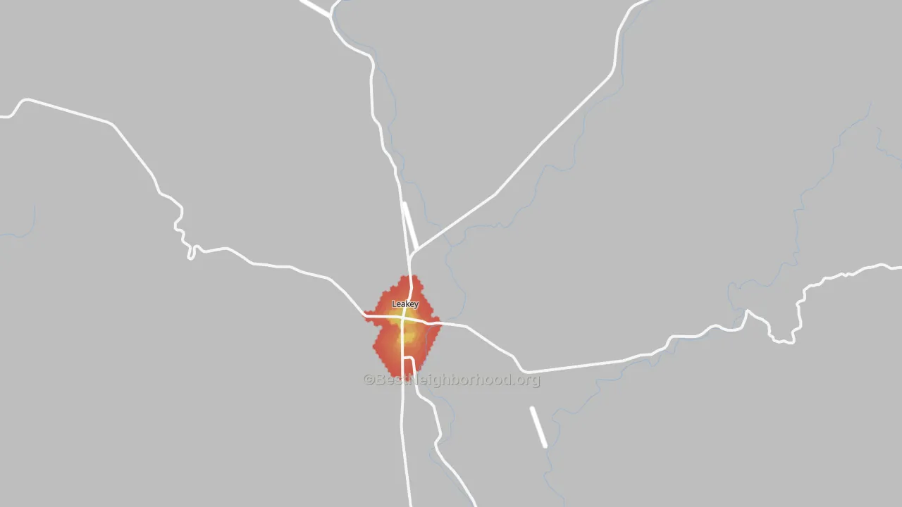 Walk Grade map of 78873, TX, walkable areas in green and car-dependent areas in red