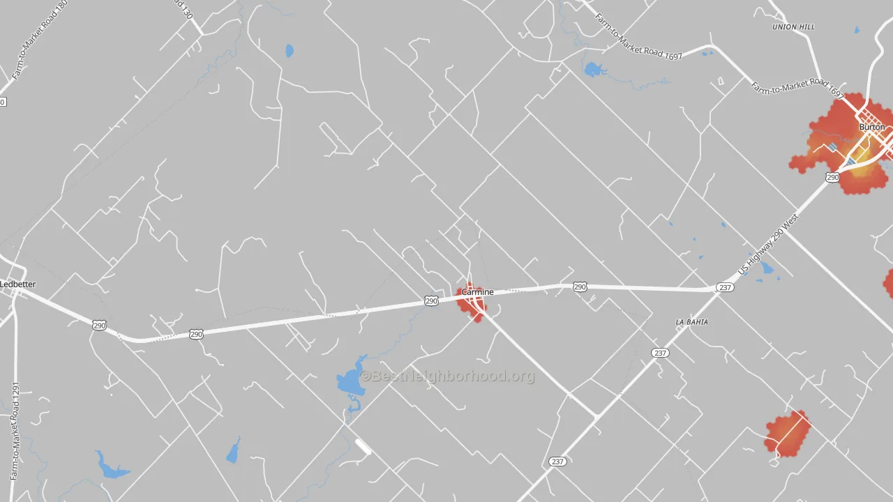Walk Grade map of 78932, TX, walkable areas in green and car-dependent areas in red