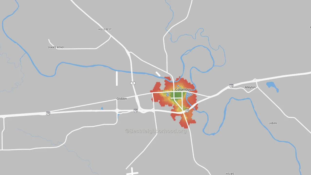 Walk Grade map of 78934, TX, walkable areas in green and car-dependent areas in red