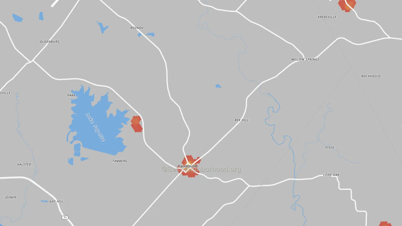 Walk Grade map of 78940, TX, walkable areas in green and car-dependent areas in red