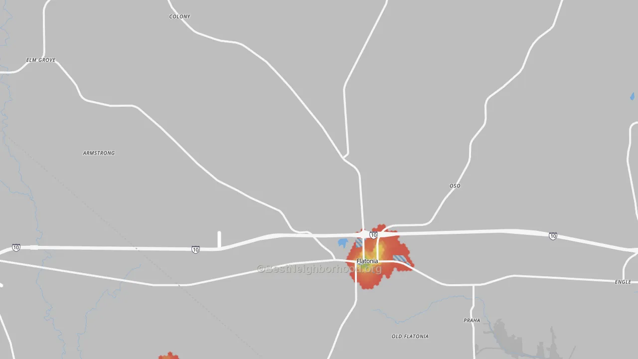 Walk Grade map of 78941, TX, walkable areas in green and car-dependent areas in red
