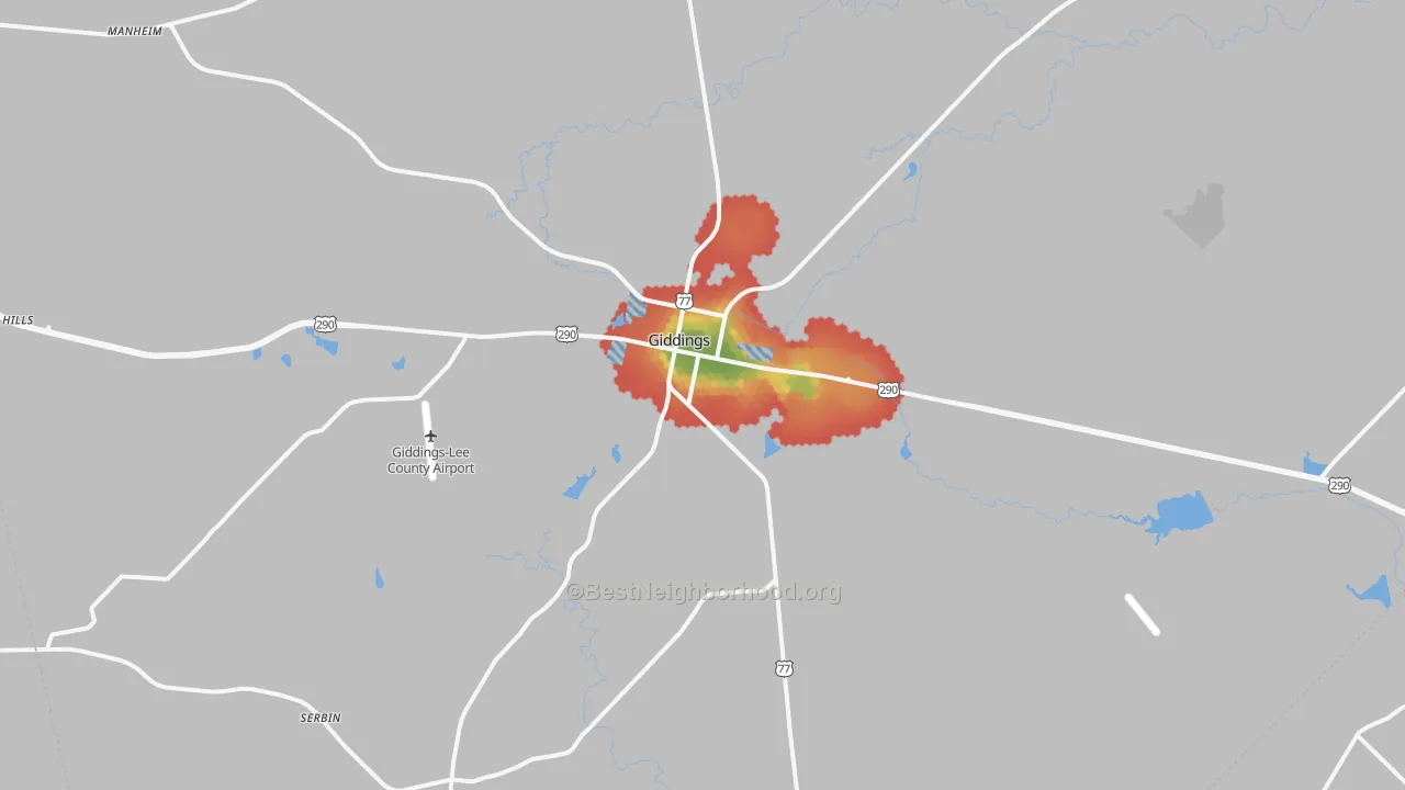 Walk Grade map of 78942, TX, walkable areas in green and car-dependent areas in red