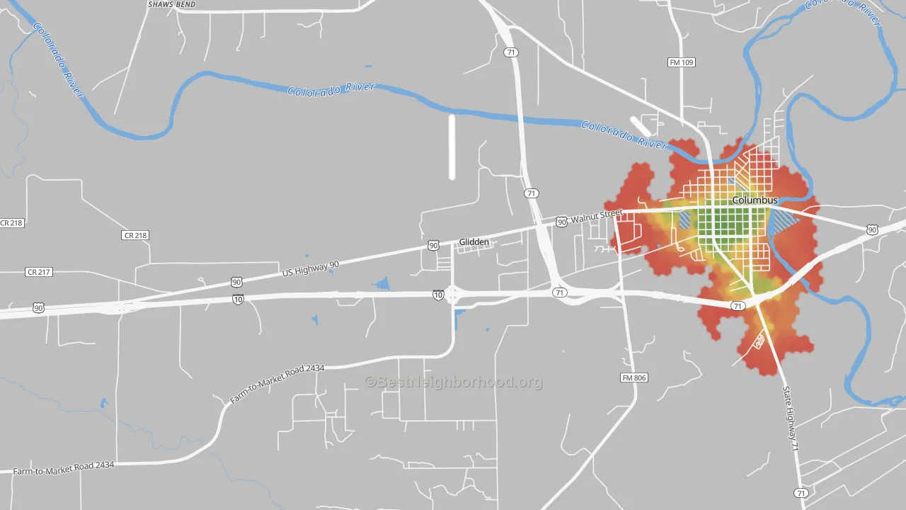 Walk Grade map of 78943, TX, walkable areas in green and car-dependent areas in red