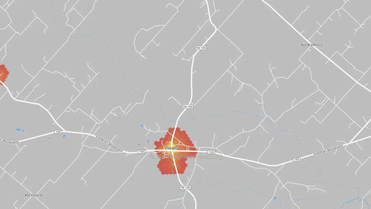 Walk Grade map of 78944, TX, walkable areas in green and car-dependent areas in red