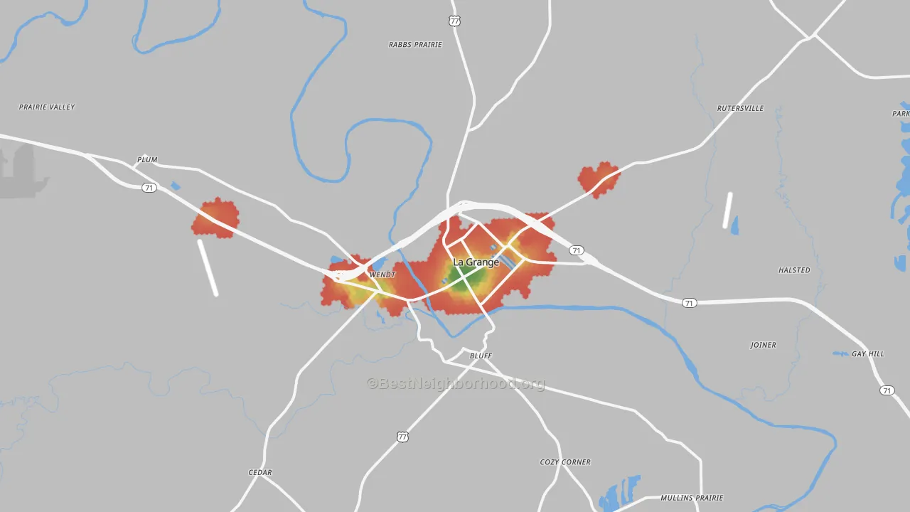 Walk Grade map of 78945, TX, walkable areas in green and car-dependent areas in red