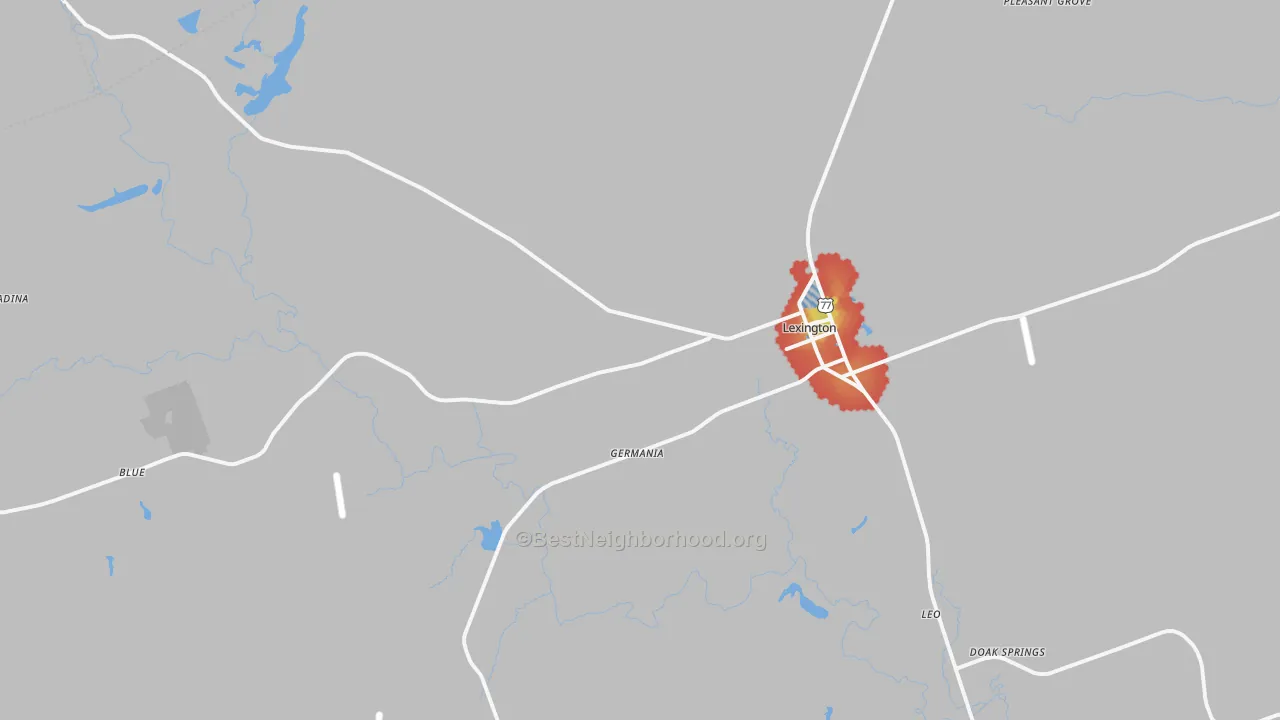Walk Grade map of 78947, TX, walkable areas in green and car-dependent areas in red