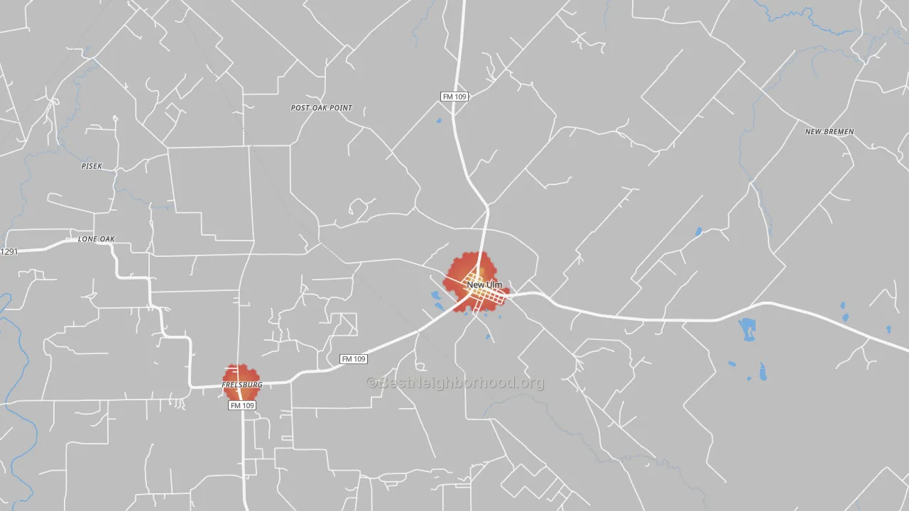 Walk Grade map of 78950, TX, walkable areas in green and car-dependent areas in red