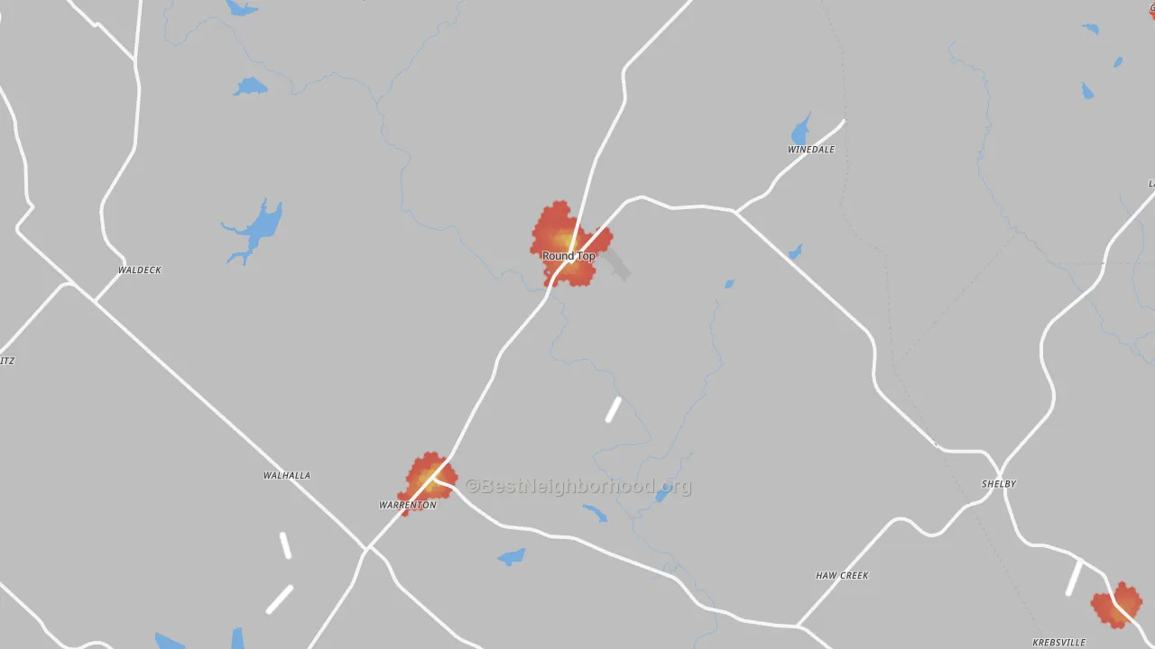 Walk Grade map of 78954, TX, walkable areas in green and car-dependent areas in red