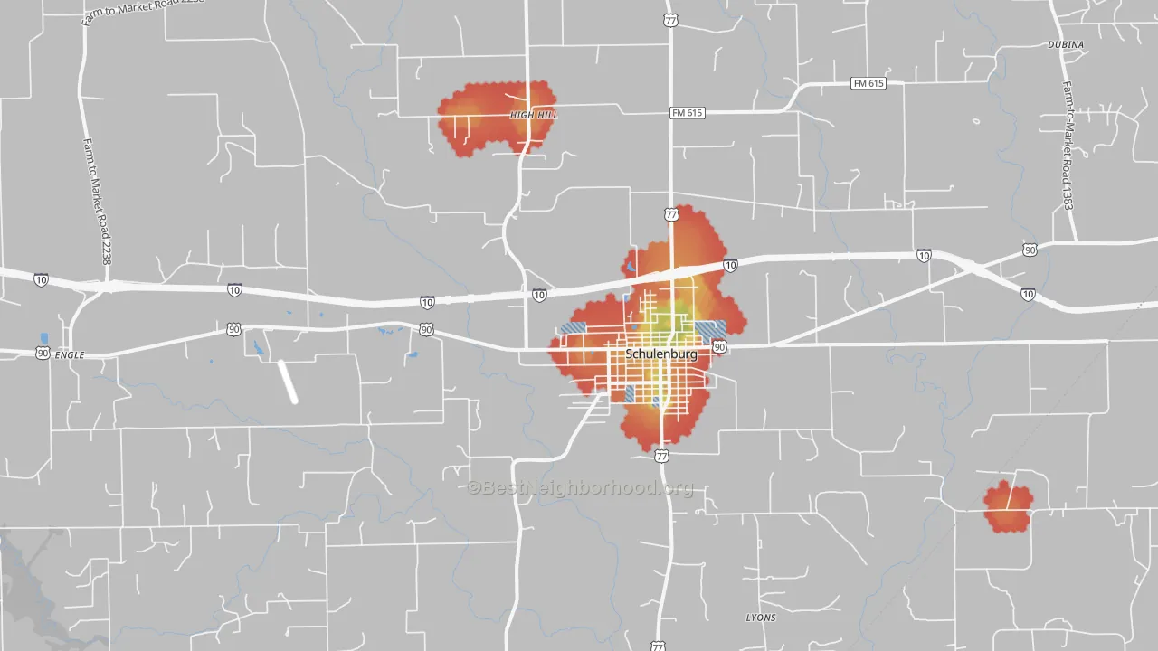 Walk Grade map of 78956, TX, walkable areas in green and car-dependent areas in red