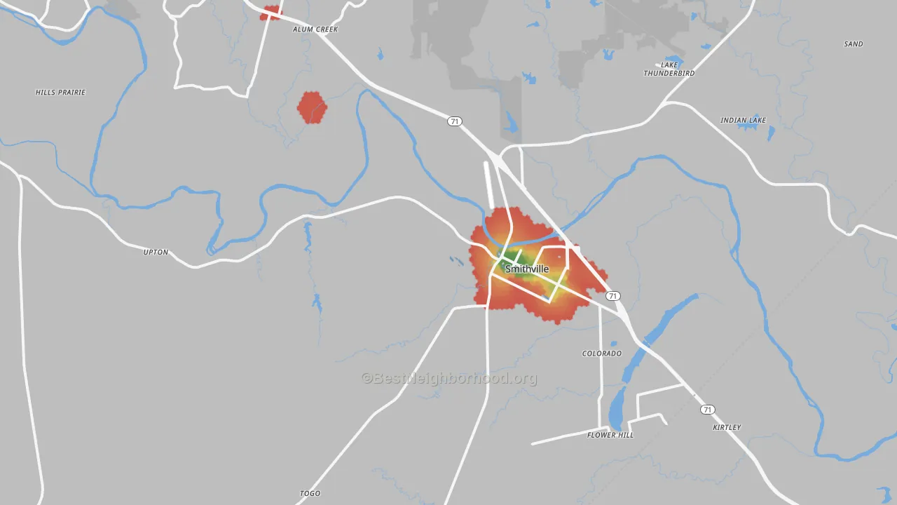 Walk Grade map of 78957, TX, walkable areas in green and car-dependent areas in red