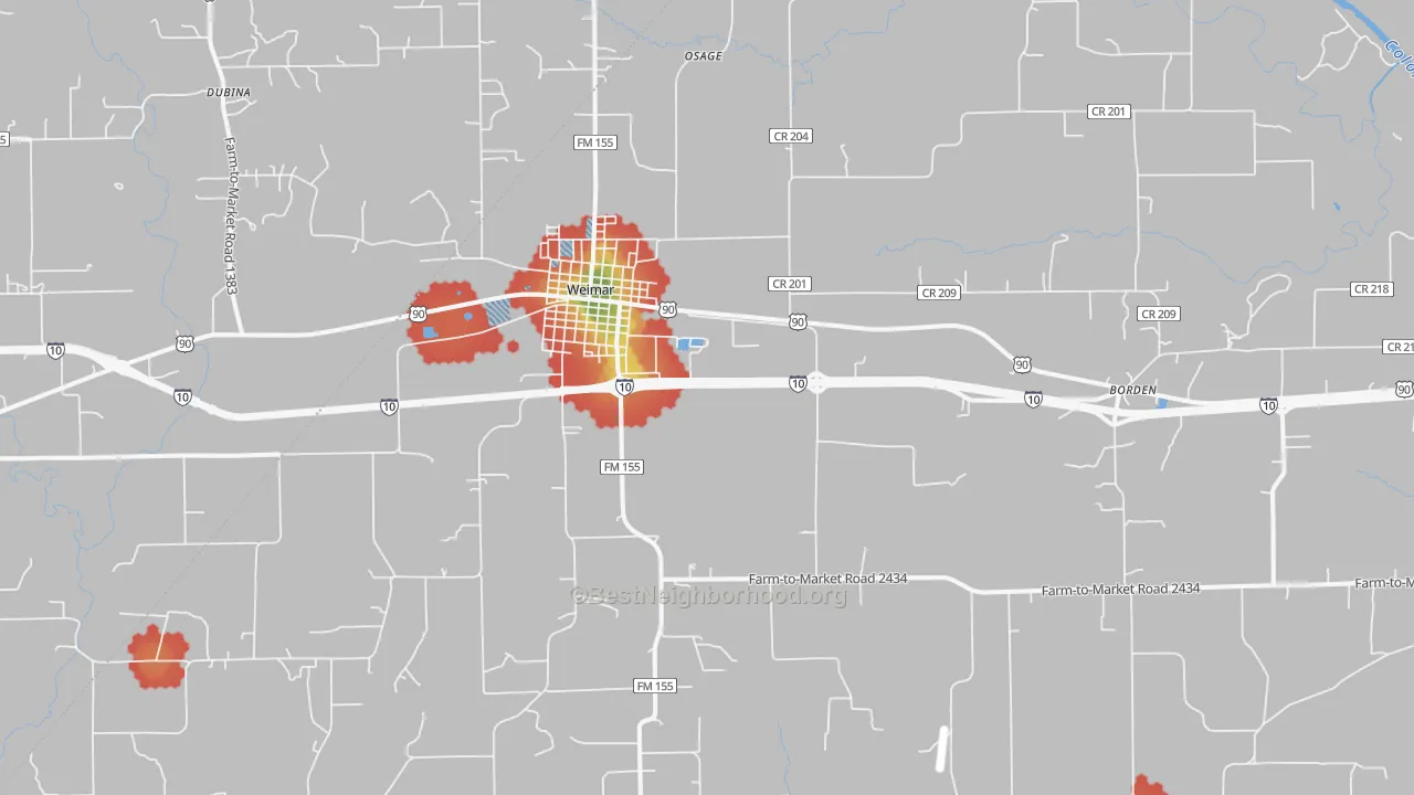 Walk Grade map of 78962, TX, walkable areas in green and car-dependent areas in red