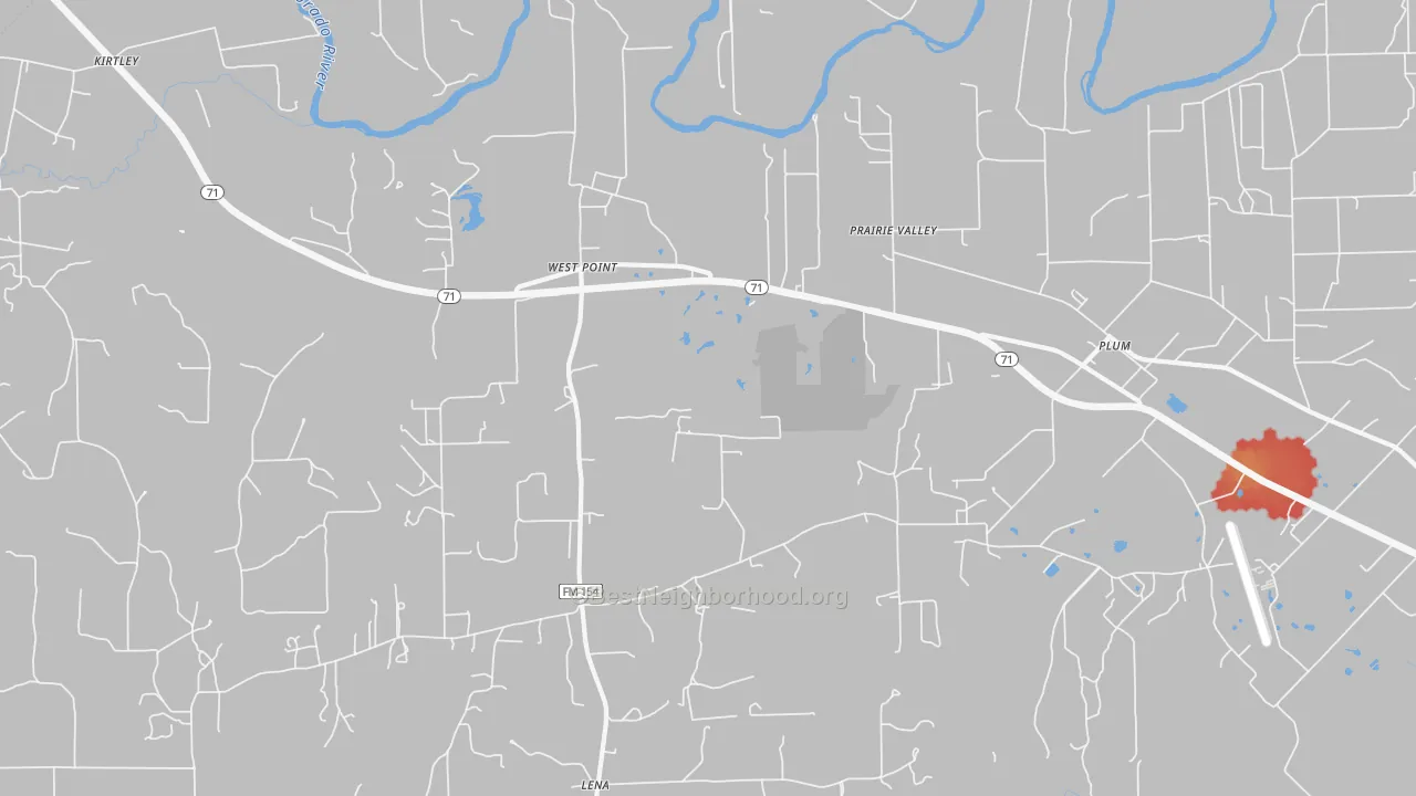 Walk Grade map of 78963, TX, walkable areas in green and car-dependent areas in red