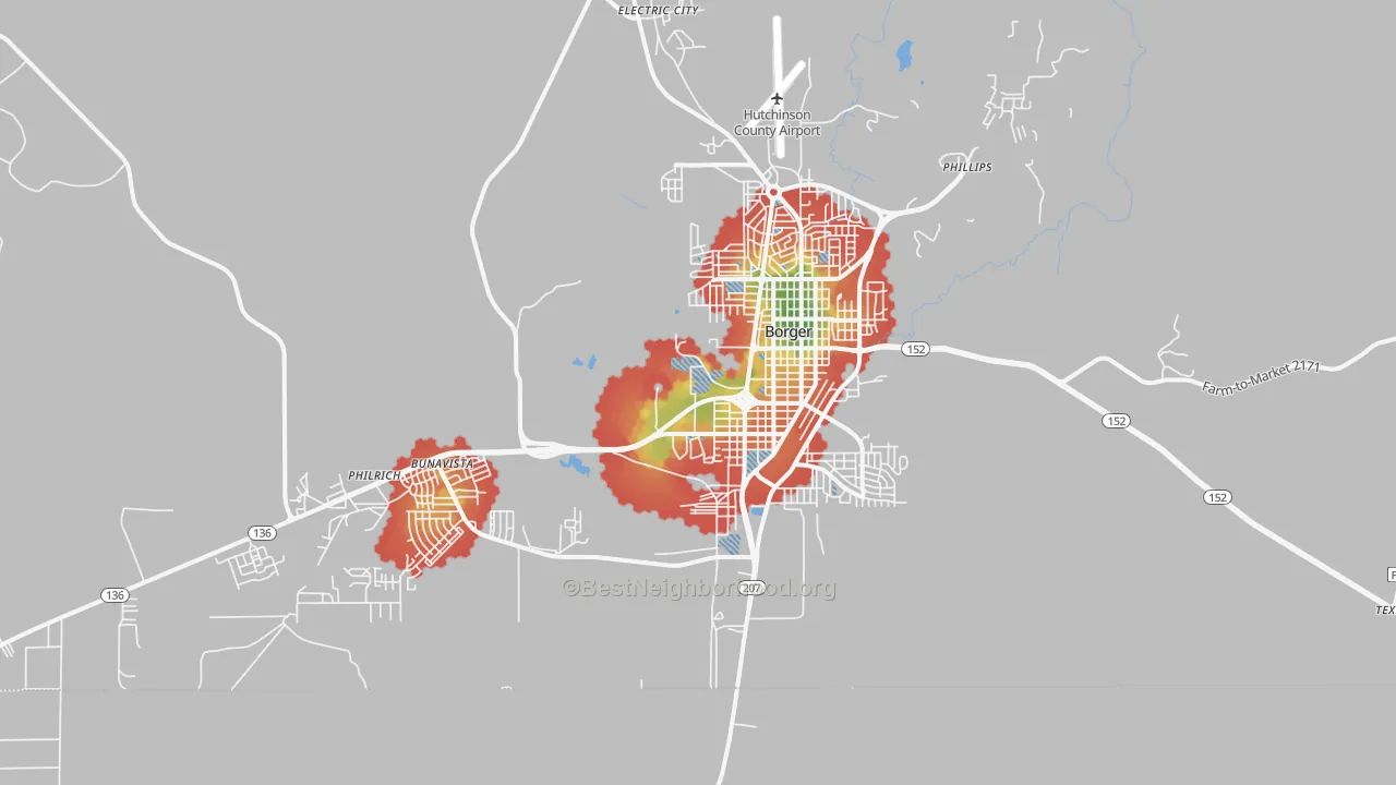 Walk Grade map of 79007, TX, walkable areas in green and car-dependent areas in red
