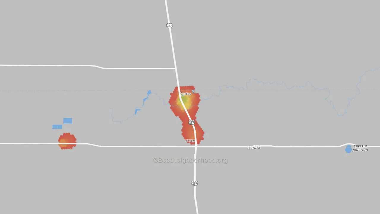 Walk Grade map of 79013, TX, walkable areas in green and car-dependent areas in red