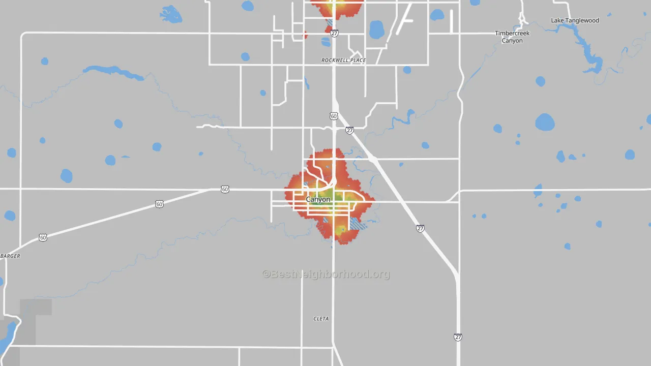 Walk Grade map of 79015, TX, walkable areas in green and car-dependent areas in red