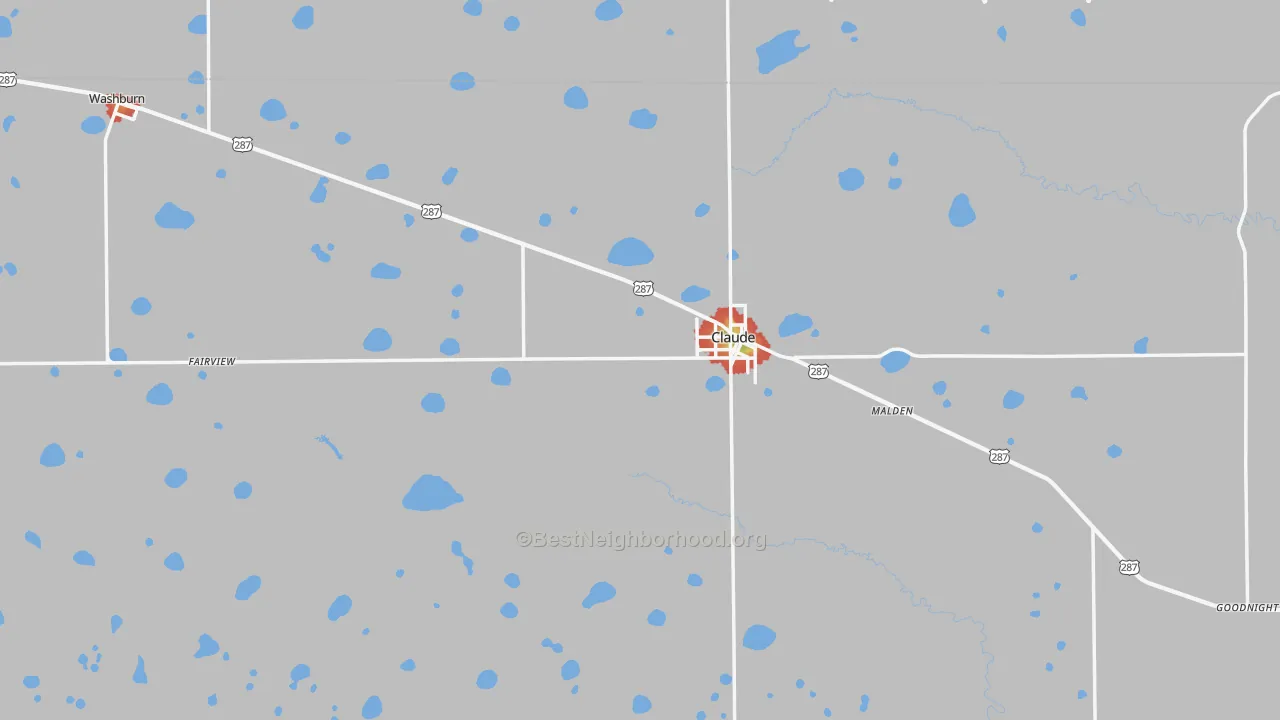 Walk Grade map of 79019, TX, walkable areas in green and car-dependent areas in red