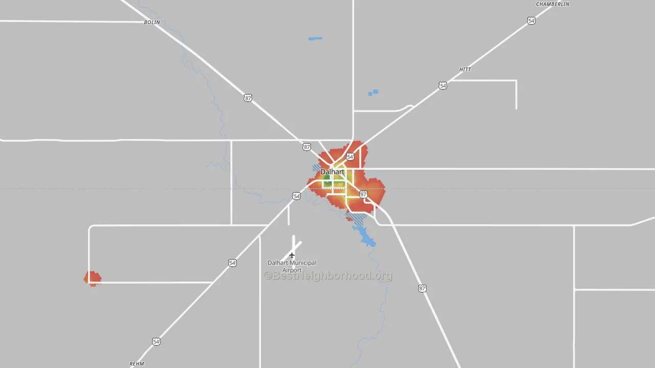 Walk Grade map of 79022, TX, walkable areas in green and car-dependent areas in red