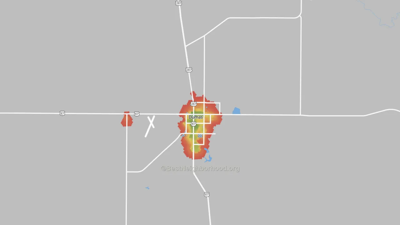 Walk Grade map of 79029, TX, walkable areas in green and car-dependent areas in red